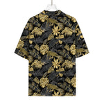 Black And Gold Tropical Pattern Print Rayon Hawaiian Shirt