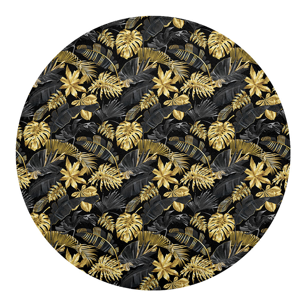 Black And Gold Tropical Pattern Print Round Blanket
