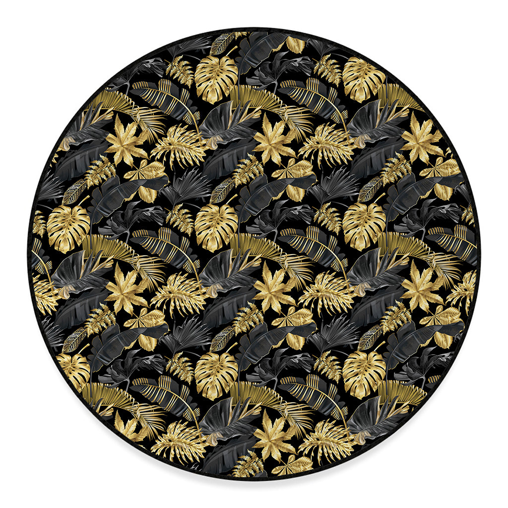 Black And Gold Tropical Pattern Print Round Floor Mat