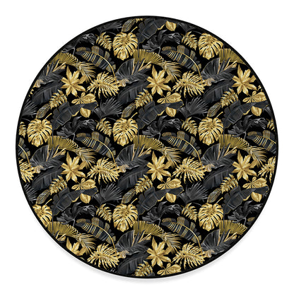 Black And Gold Tropical Pattern Print Round Floor Mat
