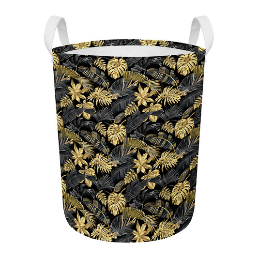 Black And Gold Tropical Pattern Print Round Laundry Basket