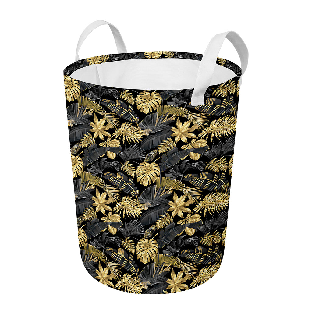 Black And Gold Tropical Pattern Print Round Laundry Basket