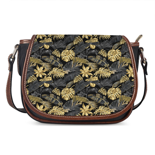 Black And Gold Tropical Pattern Print Saddle Bag