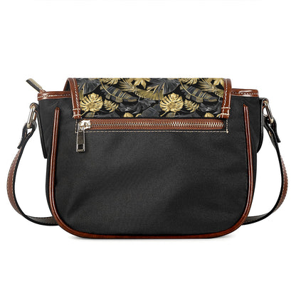 Black And Gold Tropical Pattern Print Saddle Bag