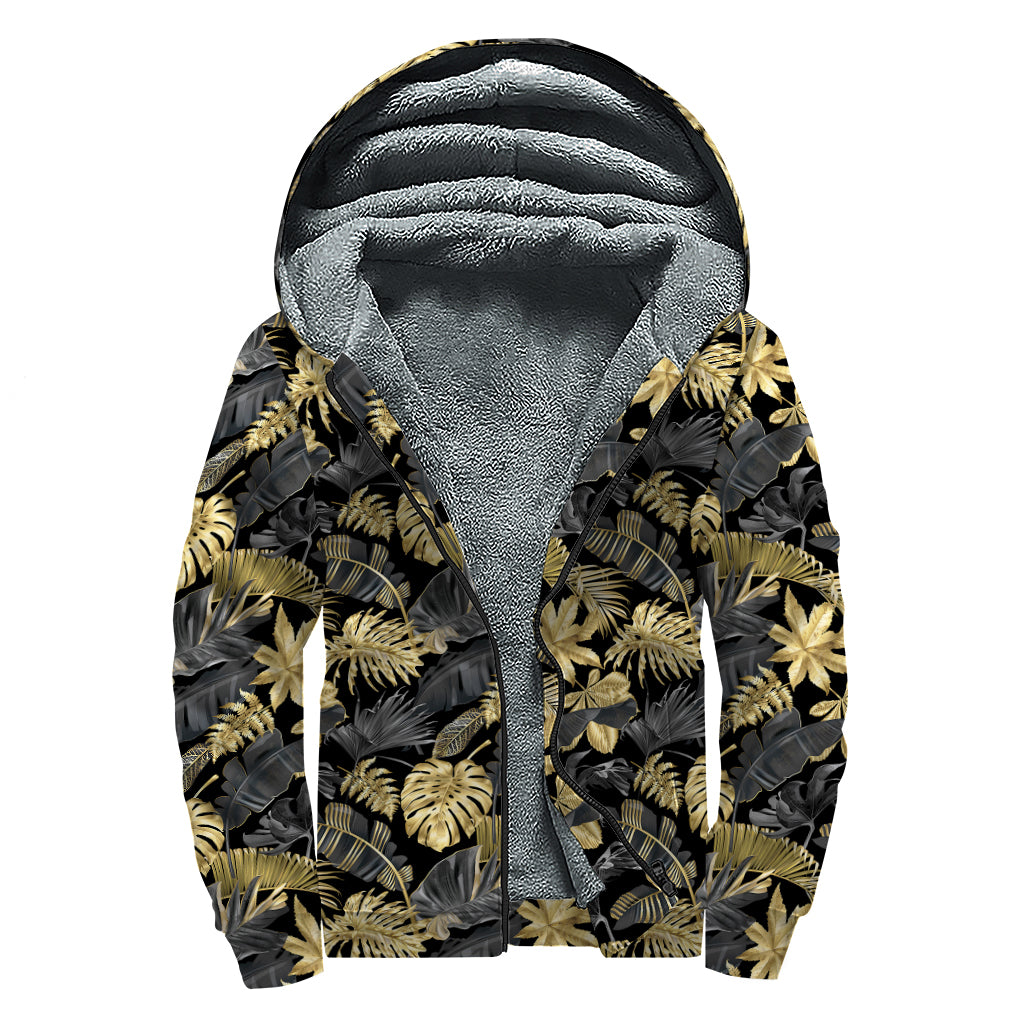 Black And Gold Tropical Pattern Print Sherpa Lined Zip Up Hoodie
