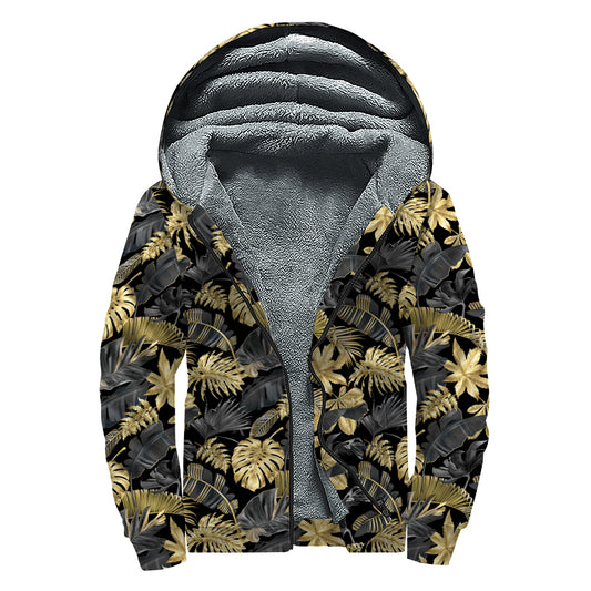 Black And Gold Tropical Pattern Print Sherpa Lined Zip Up Hoodie