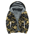 Black And Gold Tropical Pattern Print Sherpa Lined Zip Up Hoodie