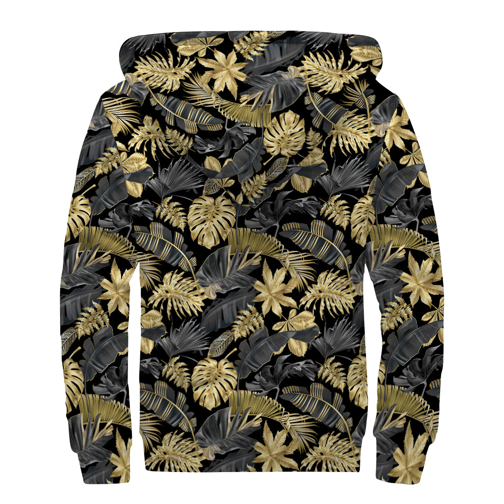 Black And Gold Tropical Pattern Print Sherpa Lined Zip Up Hoodie