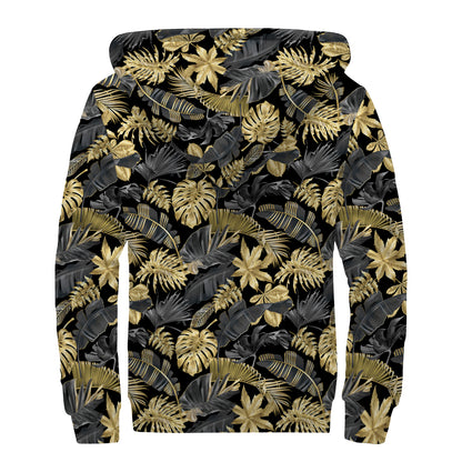 Black And Gold Tropical Pattern Print Sherpa Lined Zip Up Hoodie