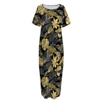 Black And Gold Tropical Pattern Print Short Sleeve Long Nightdress
