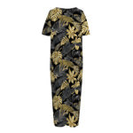 Black And Gold Tropical Pattern Print Short Sleeve Long Nightdress