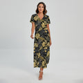 Black And Gold Tropical Pattern Print Short Sleeve Maxi Dress