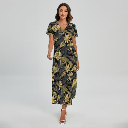 Black And Gold Tropical Pattern Print Short Sleeve Maxi Dress