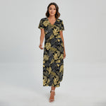Black And Gold Tropical Pattern Print Short Sleeve Maxi Dress