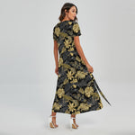 Black And Gold Tropical Pattern Print Short Sleeve Maxi Dress