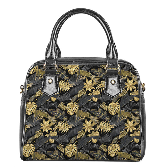 Black And Gold Tropical Pattern Print Shoulder Handbag