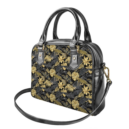 Black And Gold Tropical Pattern Print Shoulder Handbag