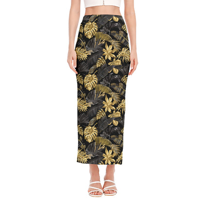 Black And Gold Tropical Pattern Print Side Slit Maxi Skirt