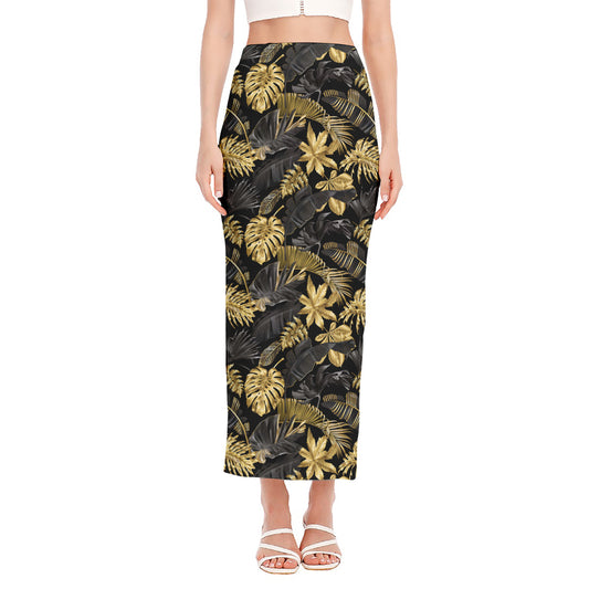 Black And Gold Tropical Pattern Print Side Slit Maxi Skirt