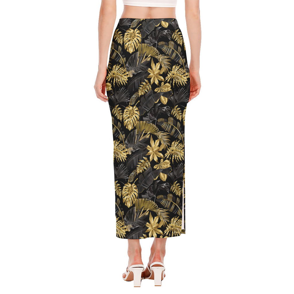 Black And Gold Tropical Pattern Print Side Slit Maxi Skirt