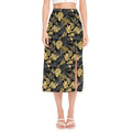Black And Gold Tropical Pattern Print Side Slit Midi Skirt