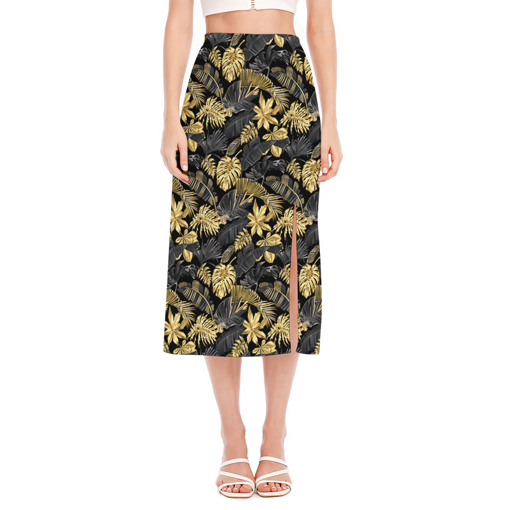 Black And Gold Tropical Pattern Print Side Slit Midi Skirt