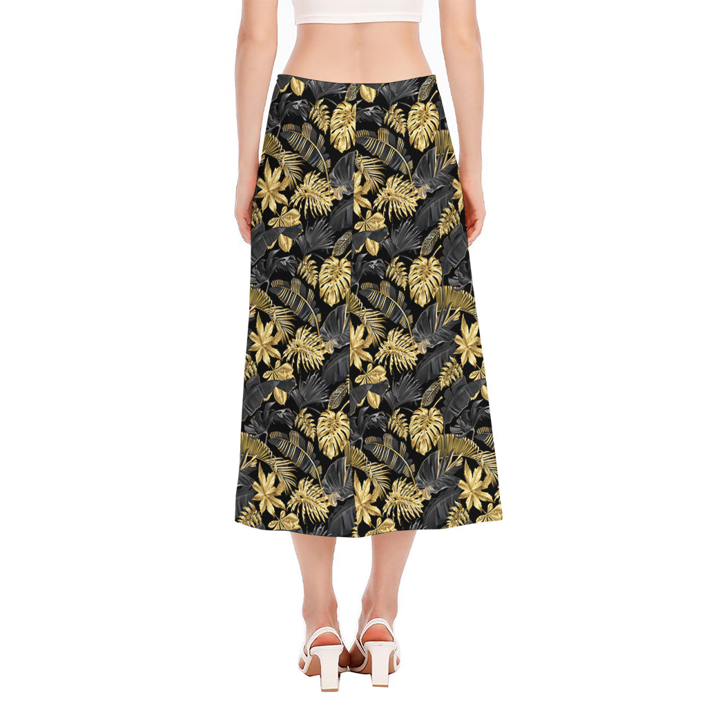 Black And Gold Tropical Pattern Print Side Slit Midi Skirt