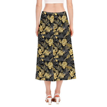Black And Gold Tropical Pattern Print Side Slit Midi Skirt