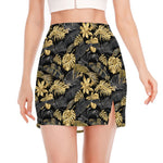 Black And Gold Tropical Pattern Print Side Slit Mini Skirt