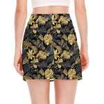 Black And Gold Tropical Pattern Print Side Slit Mini Skirt