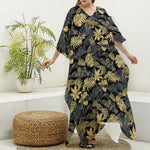 Black And Gold Tropical Pattern Print Silk V-Neck Kaftan Dress