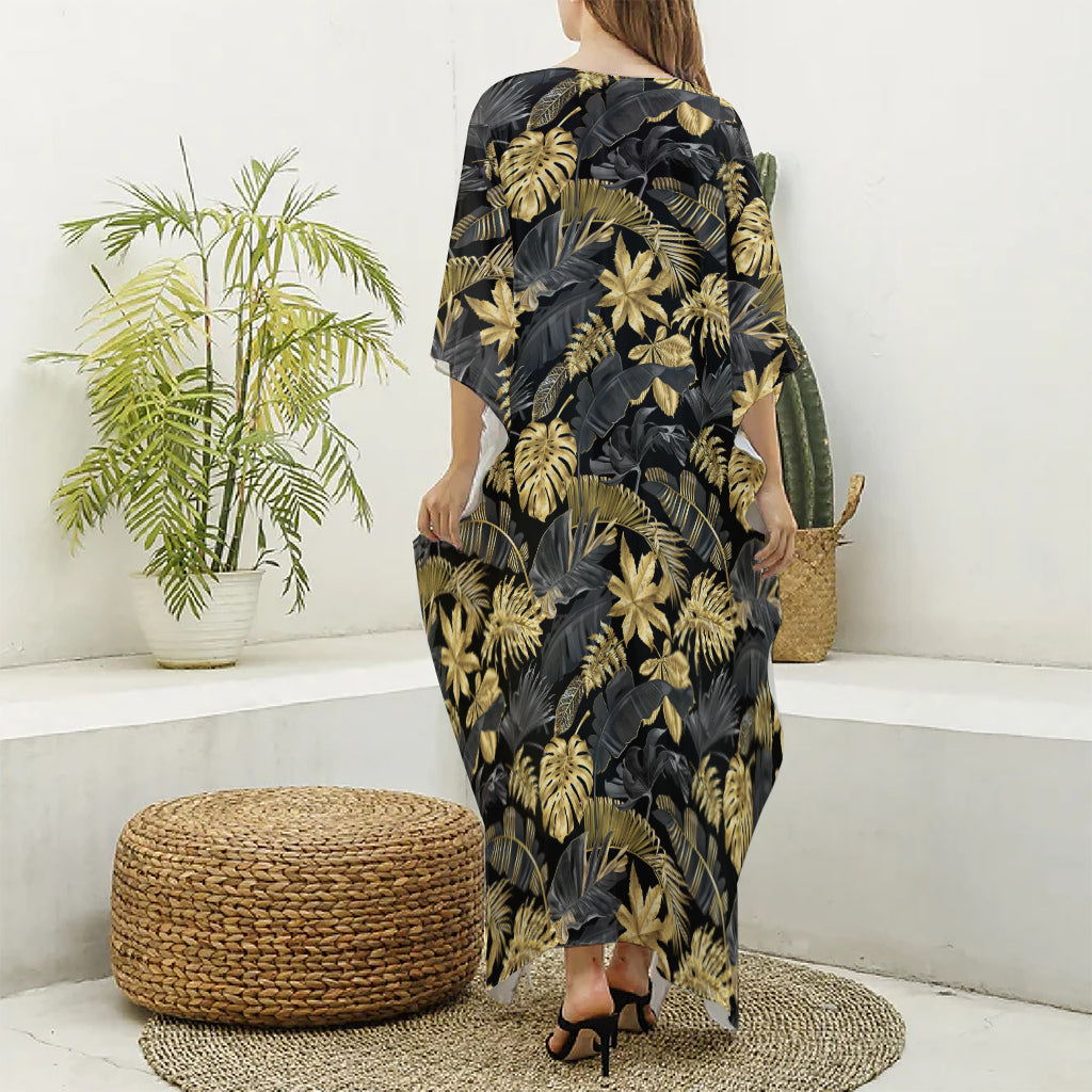 Black And Gold Tropical Pattern Print Silk V-Neck Kaftan Dress