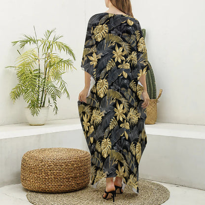 Black And Gold Tropical Pattern Print Silk V-Neck Kaftan Dress