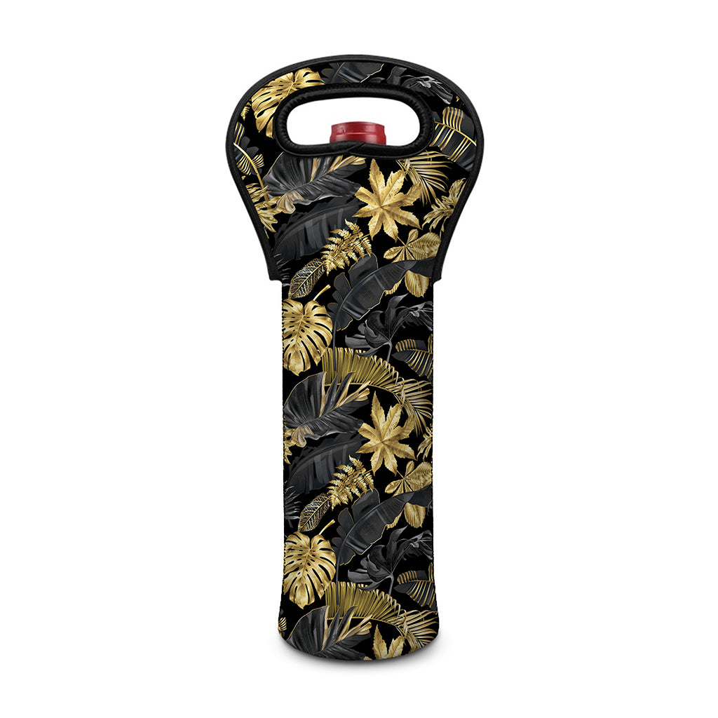 Black And Gold Tropical Pattern Print Single Neoprene Wine Tote