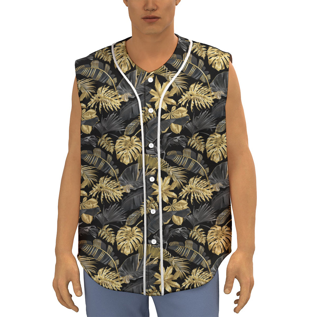 Black And Gold Tropical Pattern Print Sleeveless Baseball Jersey