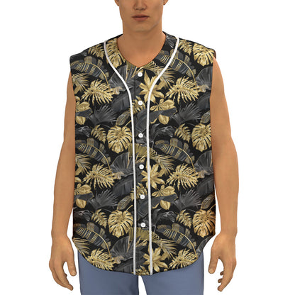 Black And Gold Tropical Pattern Print Sleeveless Baseball Jersey