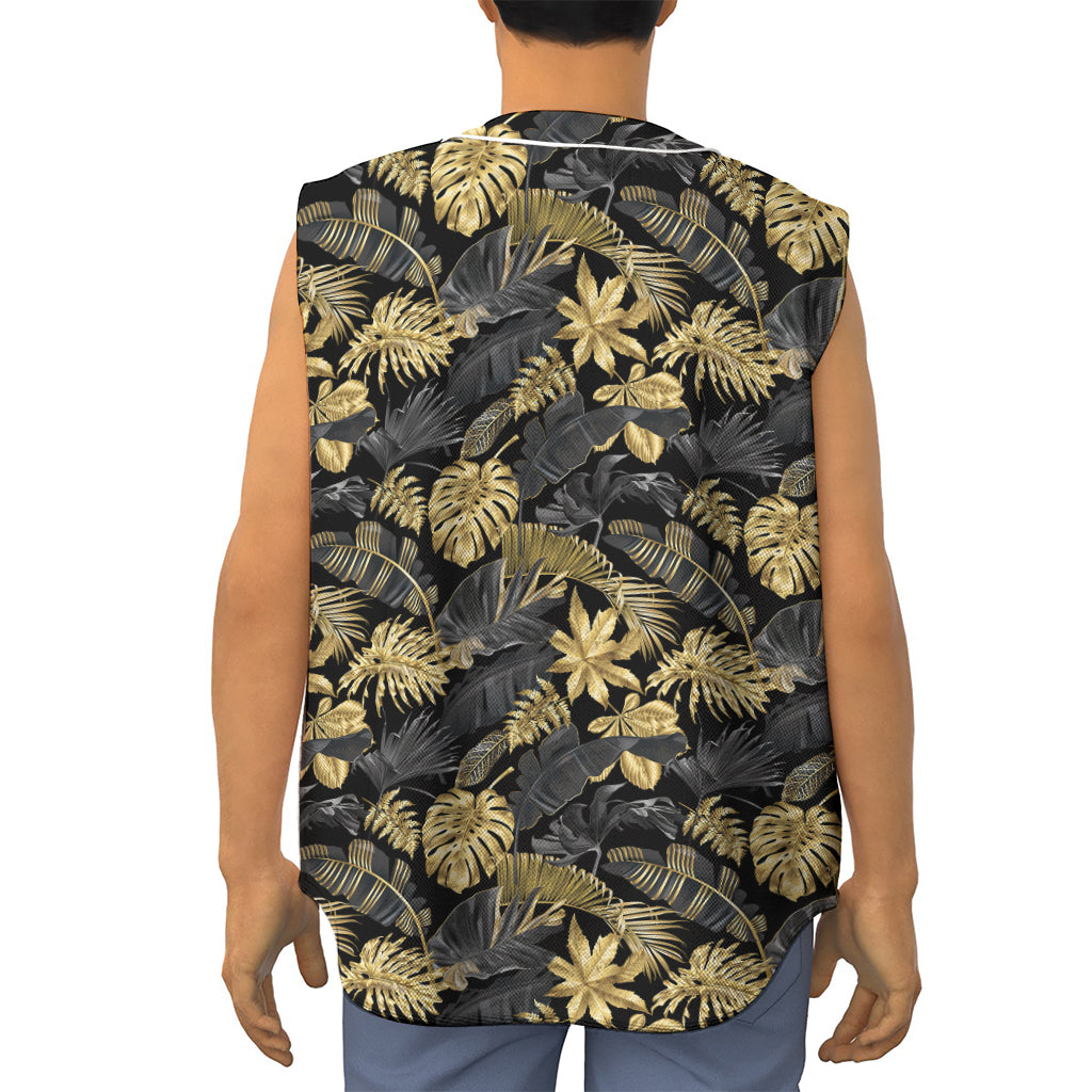 Black And Gold Tropical Pattern Print Sleeveless Baseball Jersey