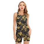Black And Gold Tropical Pattern Print Sleeveless One Piece Swimsuit
