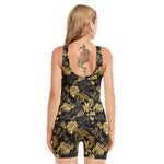 Black And Gold Tropical Pattern Print Sleeveless One Piece Swimsuit