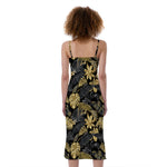 Black And Gold Tropical Pattern Print Slim Fit Midi Cami Dress