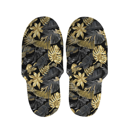Black And Gold Tropical Pattern Print Slippers