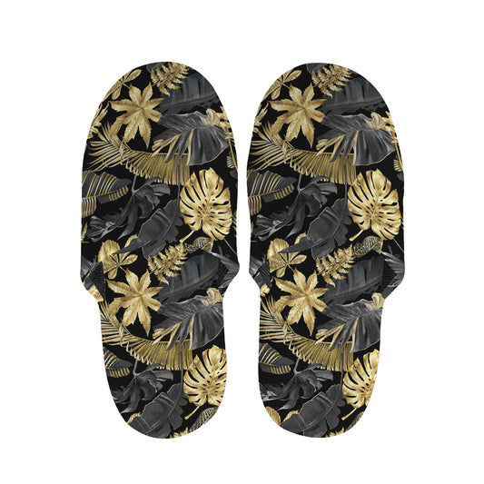 Black And Gold Tropical Pattern Print Slippers
