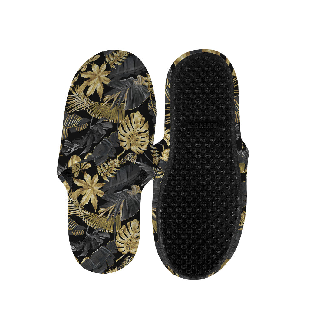 Black And Gold Tropical Pattern Print Slippers