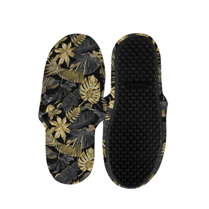 Black And Gold Tropical Pattern Print Slippers