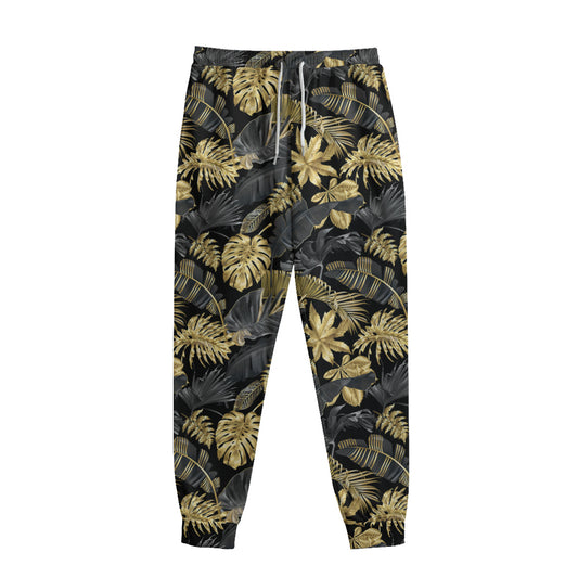 Black And Gold Tropical Pattern Print Sweatpants