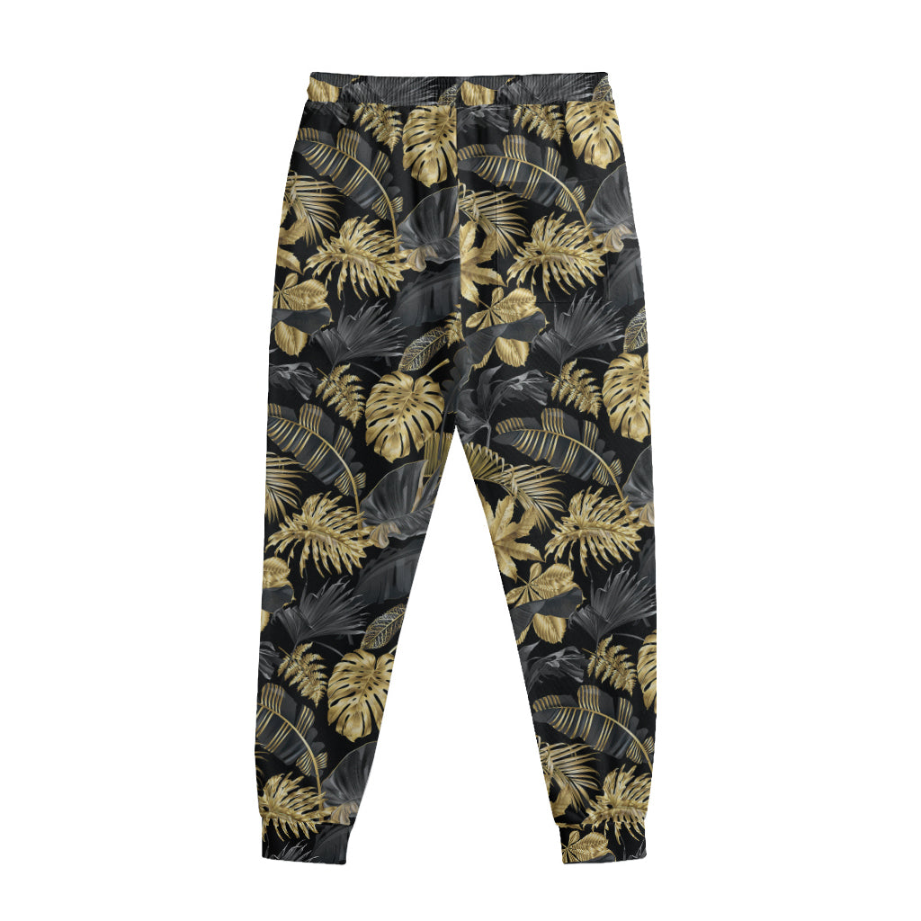 Black And Gold Tropical Pattern Print Sweatpants