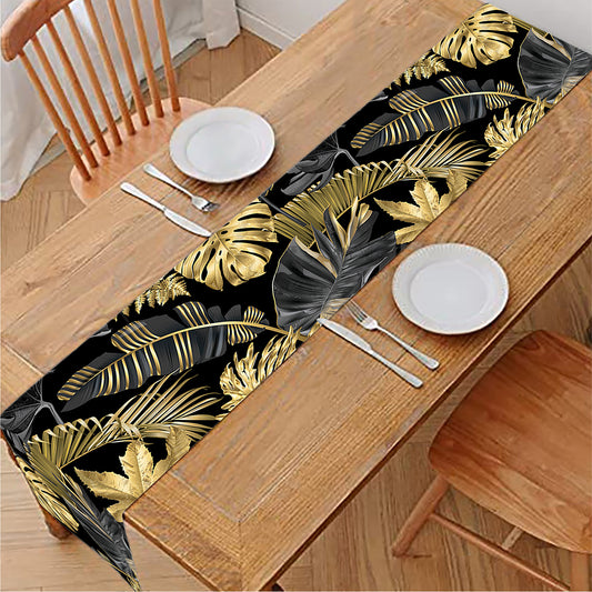 Black And Gold Tropical Pattern Print Table Runner