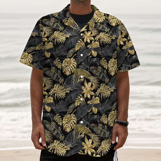 Black And Gold Tropical Pattern Print Textured Short Sleeve Shirt
