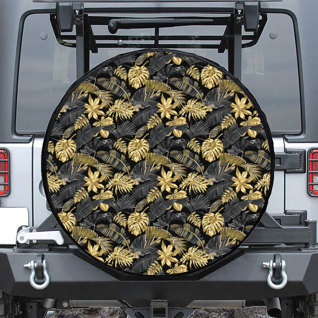 Black And Gold Tropical Pattern Print Tire Cover