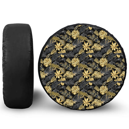 Black And Gold Tropical Pattern Print Tire Cover